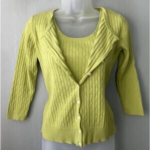Eddie Bauer Sweater Set Size S Chartreuse Cable Knit Cardigan Vest Pima Cotton